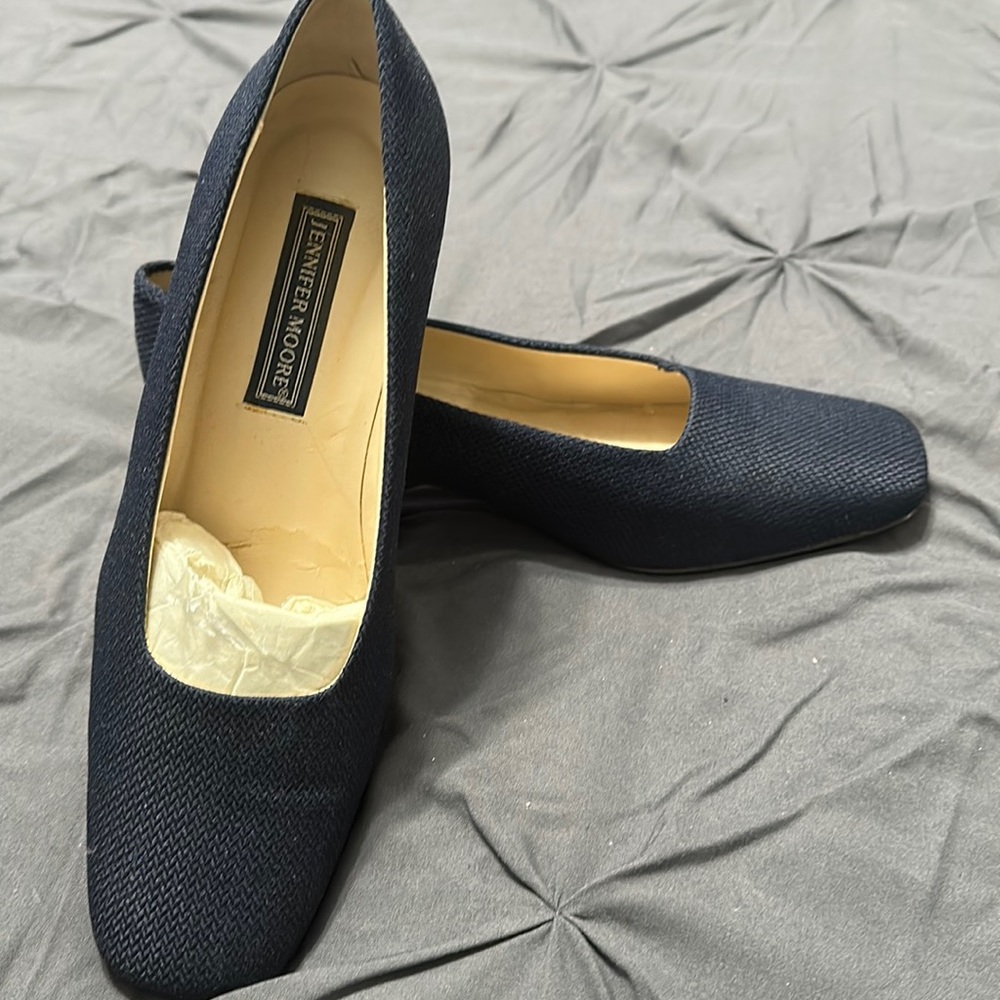 Jennifer Moore Women's Chunky Block Heel Woven Fabric Square Toe Navy Blue 8.5